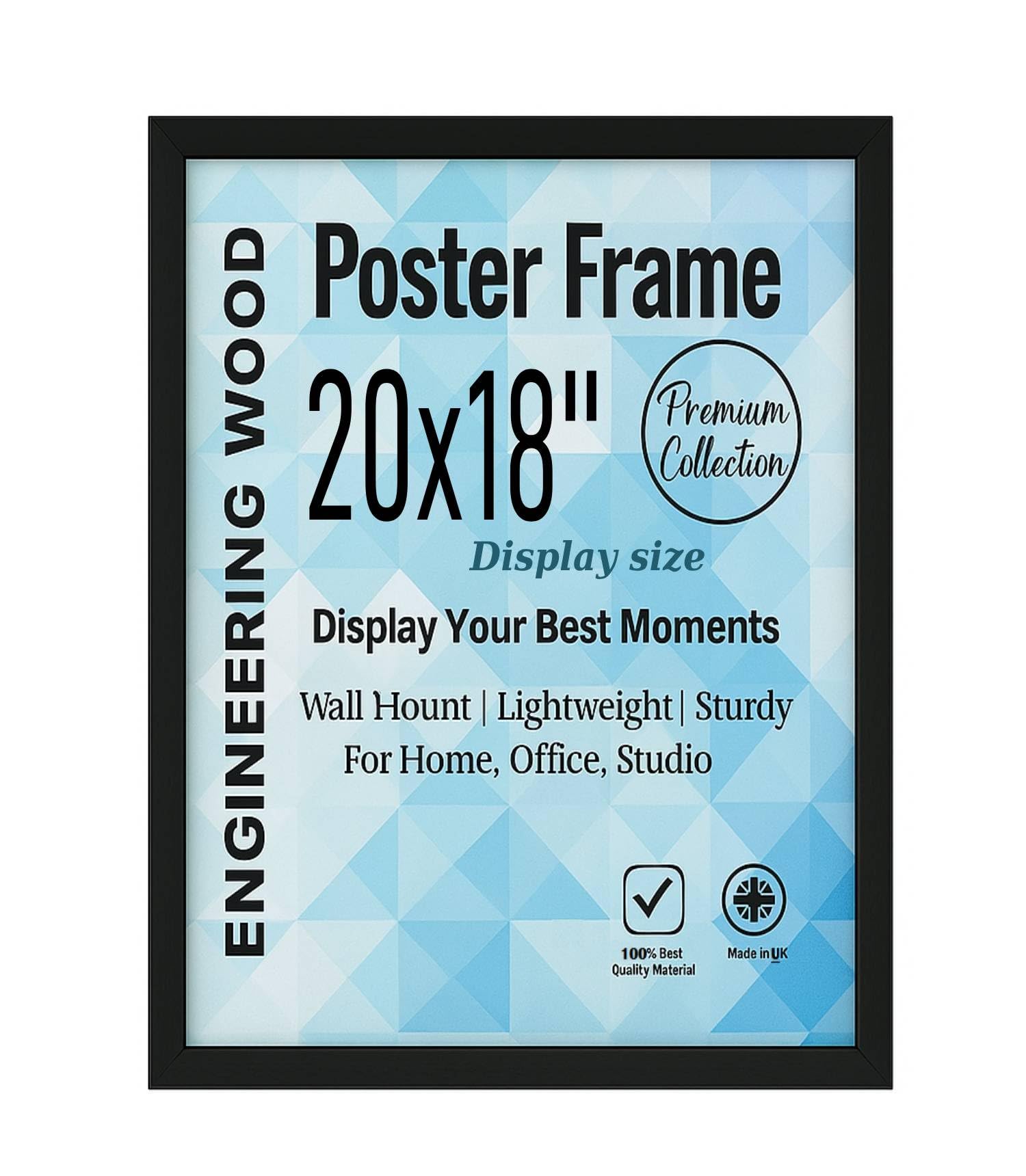 Modern Black Poster Frame 20x18'' Size For Display MDF Wood Construction with Acrylic Glass - Picture Frame