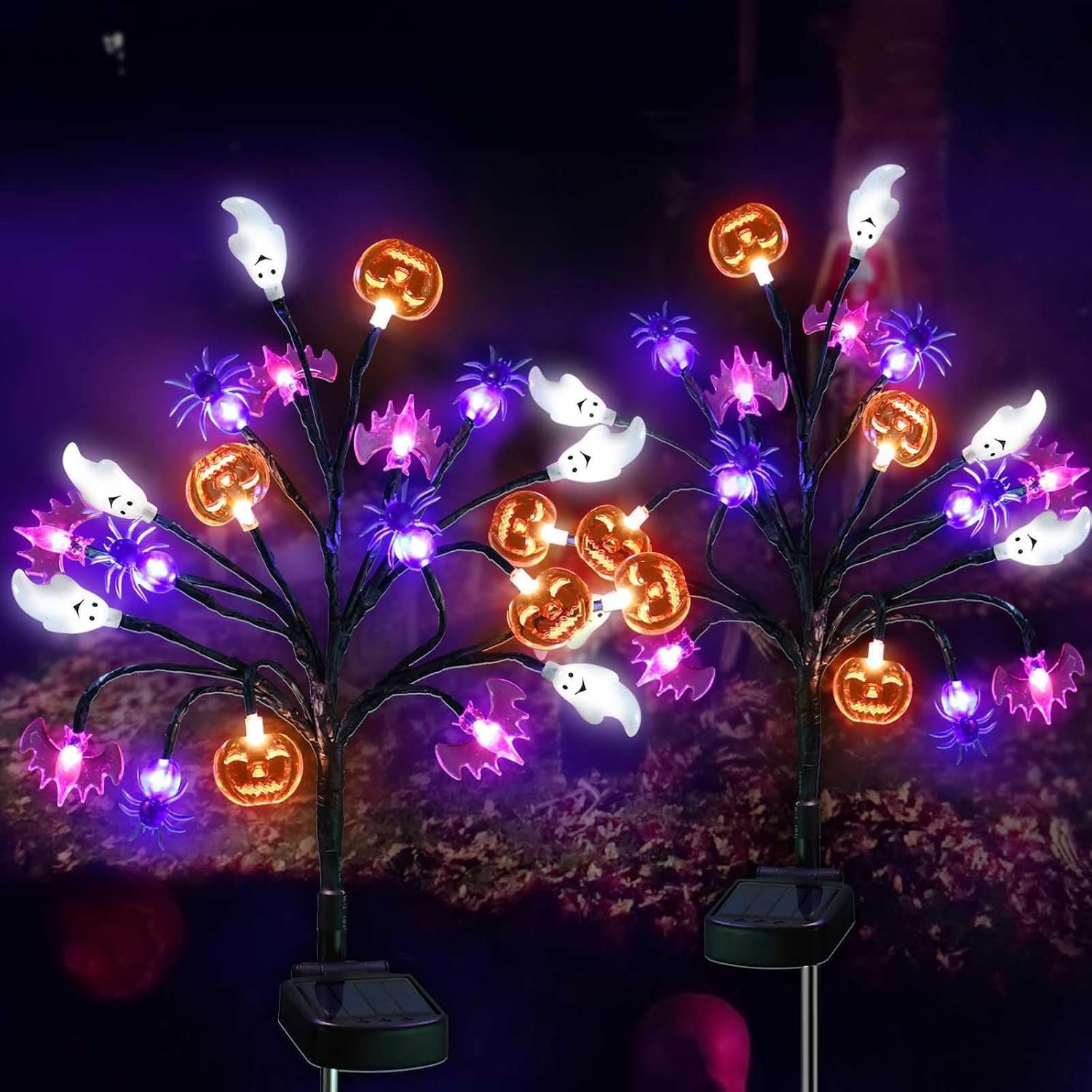 Janchs 2 Packs Solar Halloween Decorations Outdoor Lights, Solar 3D Pumpkin Bat