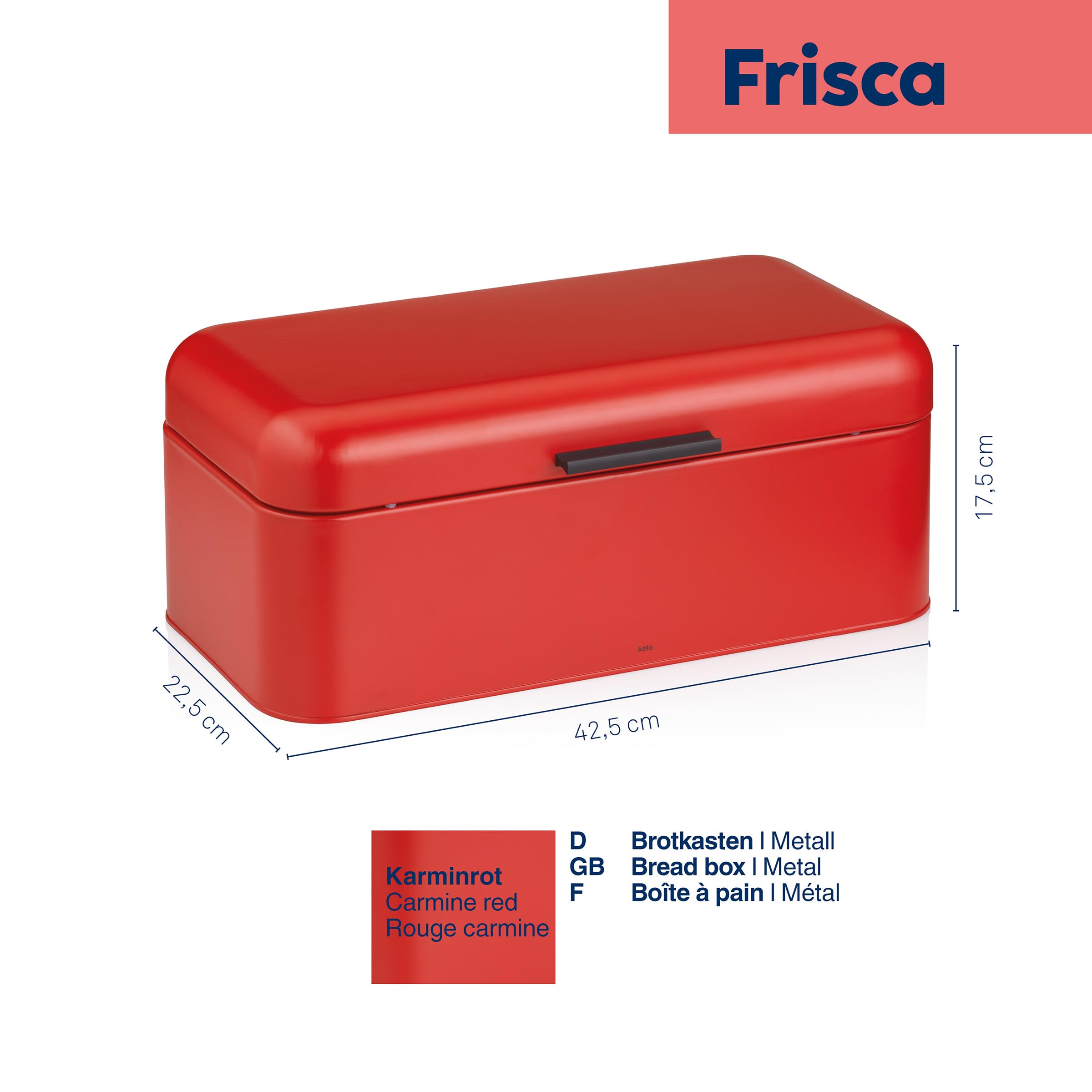 kela Panera de metal con orificios de ventilación, 42,5 x 22,5 x 17,5 cm, panera grande con tapa abatible, FRISCA, caja para guardar pan, color rojo
