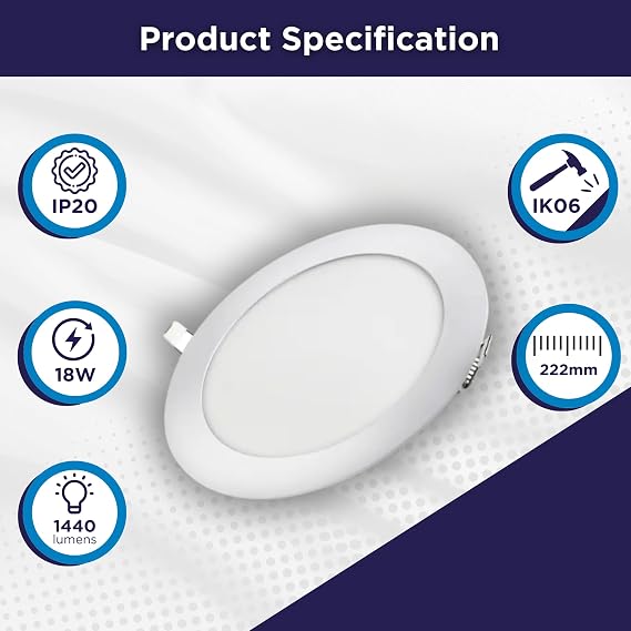 Bright Source LED Round Panel Downlight, 18w Slimline Recessed Ceiling Spotlight, 1440lm Lumen Output, 3CCT Adjustable Colour Temperature 3000K 4000K 6000K, IP20 Rated, 205mm Cut Out
