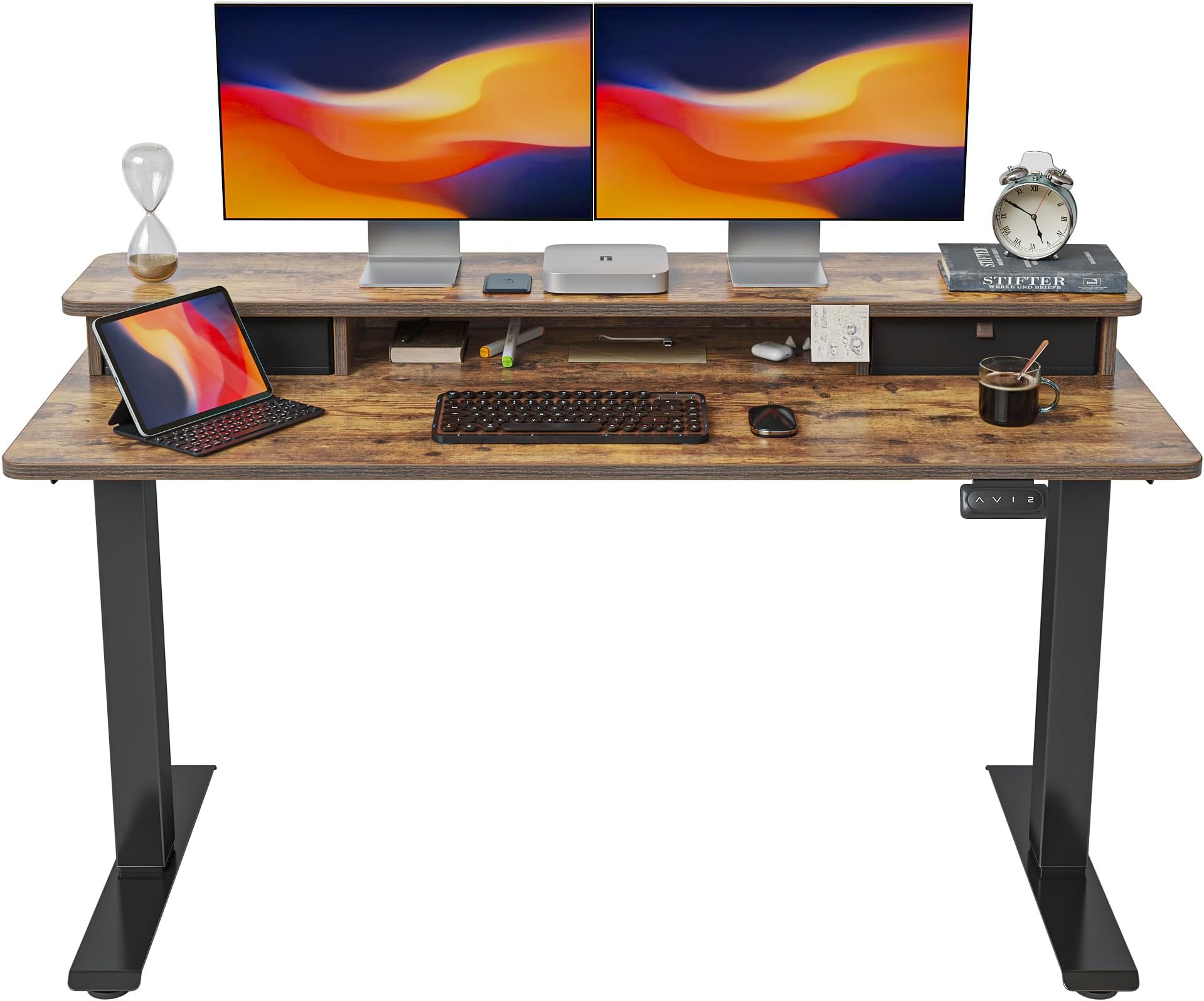 FEZIBO55'' Height Adjustable Electric Standing Desk with Double Drawer, Home Office Computer Desk with 4 Height-Adjustable Feets & 2 Hooks, Rustic Brown
