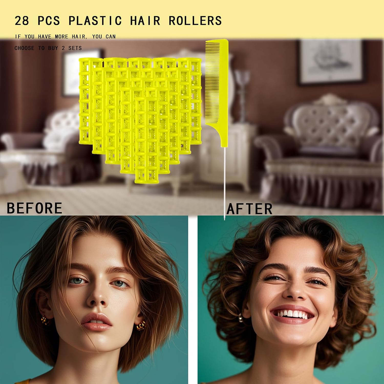28PCS Small Rollers for Short Hair, 0.6in No Heat Tiny Curlers With Clips Small Roller Hair Curlers Set Mini Snap-On Plastic Hair Rollers(Yellow)