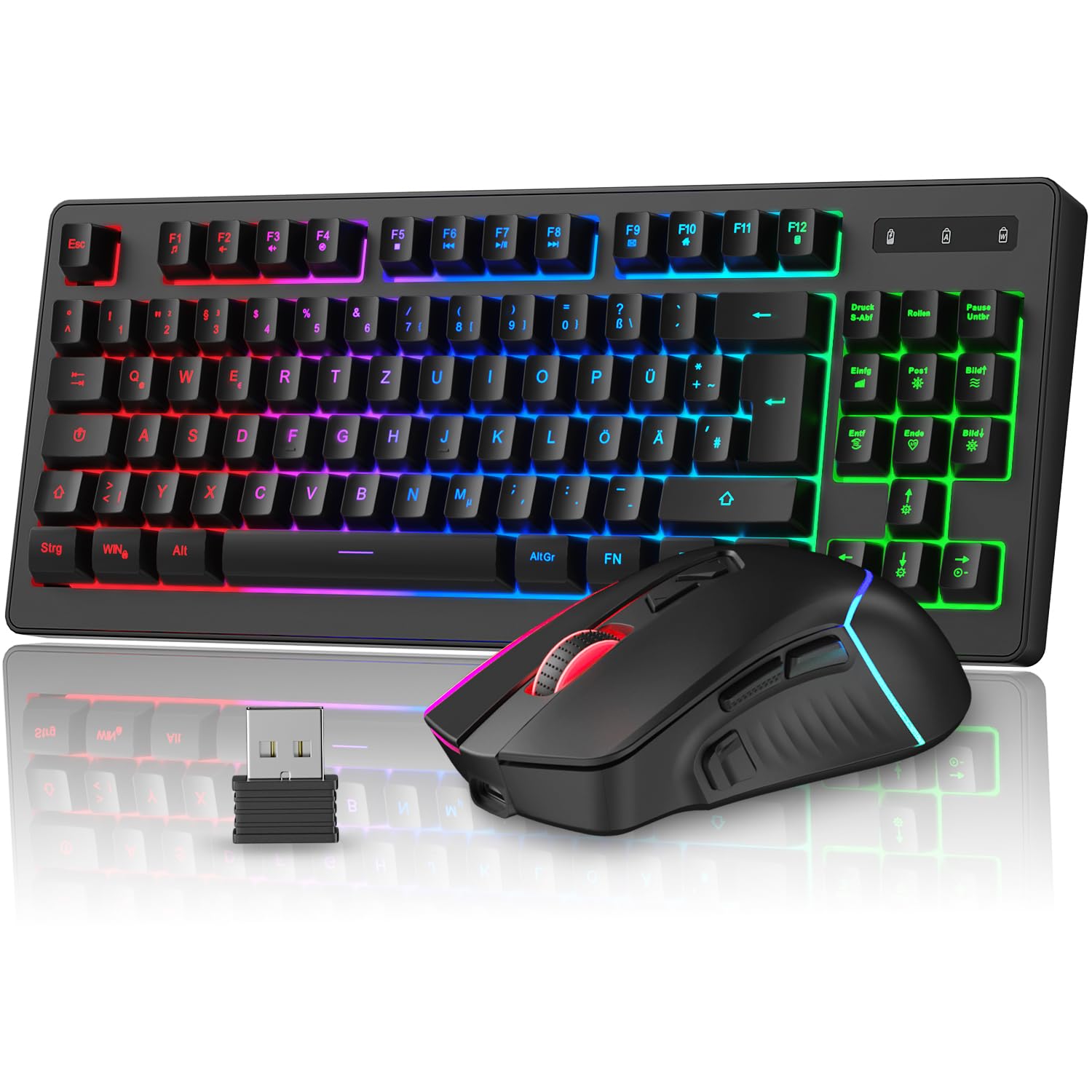 Kabellose Gaming Tastatur und Maus Set, DE Layout QWERTZ 75% TKL RGB Beleuchtet, Wiederaufladbare Ergonomische Gaming Maus, Kompaktes Keyboard für PC, Mac, Xbox,PS5