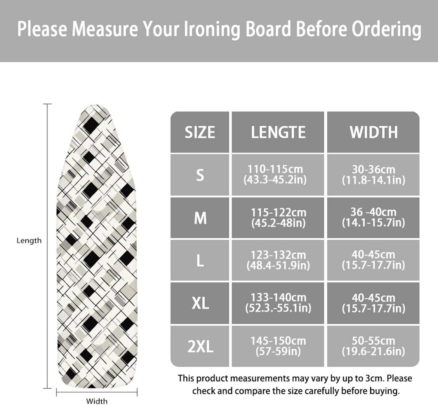 Large Ironing Board Cover and Pad 59x19 Geometric Beige Gray Iron Table Cover with Padding,Extra Wide,Resist Scorching and Staining,Heatproof,Adjustable Fastener Durable Stain