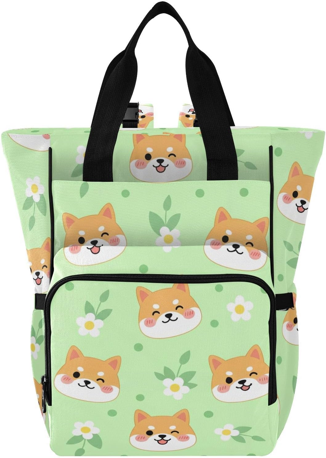 Cute Dog Flower Green Print Diaper Bag Backpack for Baby Boys Girls Multifunction Baby Essentials Travel Tote with Stroller Straps & Bottle Storage Nappy Changing Bag for Moms Dads Baby Gifts