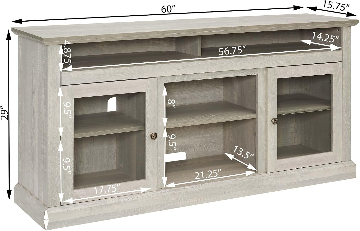 Modern TV Stand with Glass Doors, 60''W Media Entertainment Center for TVs up to 65'', Entertainment Console Table with Adjustable Shelves for Living Room (Gray Wash)