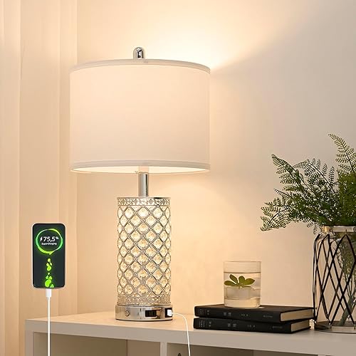 Miniatura 8 de Juego de 2 lámparas de mesa de cristal, lámpara de noche regulable de 3 vías con 2 puertos USB y salidas de CA para sala de estar, dormitorio,