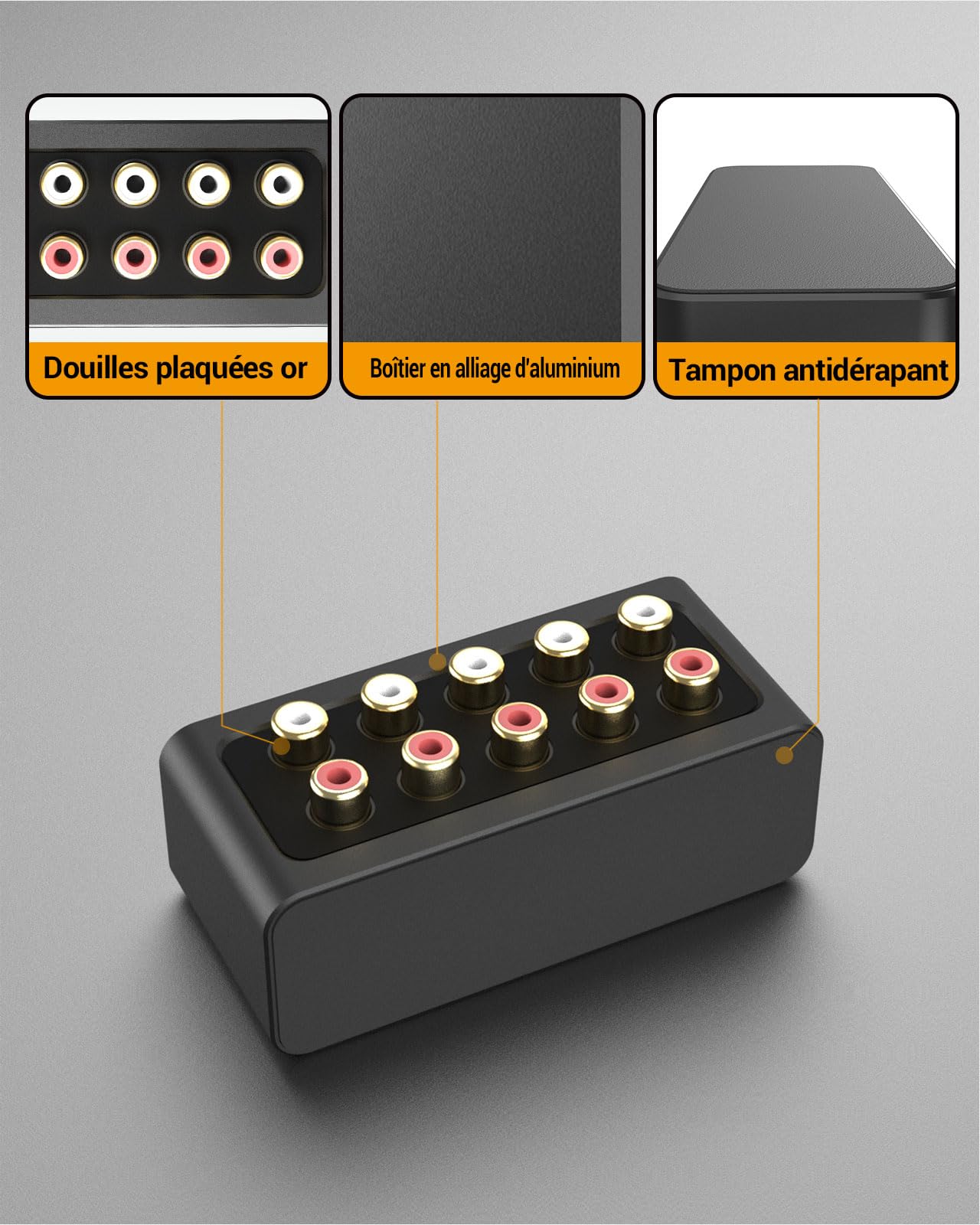Cubilux Boîtier Sélecteur Audio RCA 4 Voies, Diviseur Stéréo RCA 1 Entrée 4 Sorties, Boîtier en Alliage d’Aluminium Durable