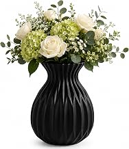 Nordic Geometric PE Plastic Ribbed Vase for Dried Flowers (Black) | Unbreakable & Shatterproof, White, Grey & Black, 7.5 x 17 x 6 cm, Freestanding Tabletop, Waterproof Construction