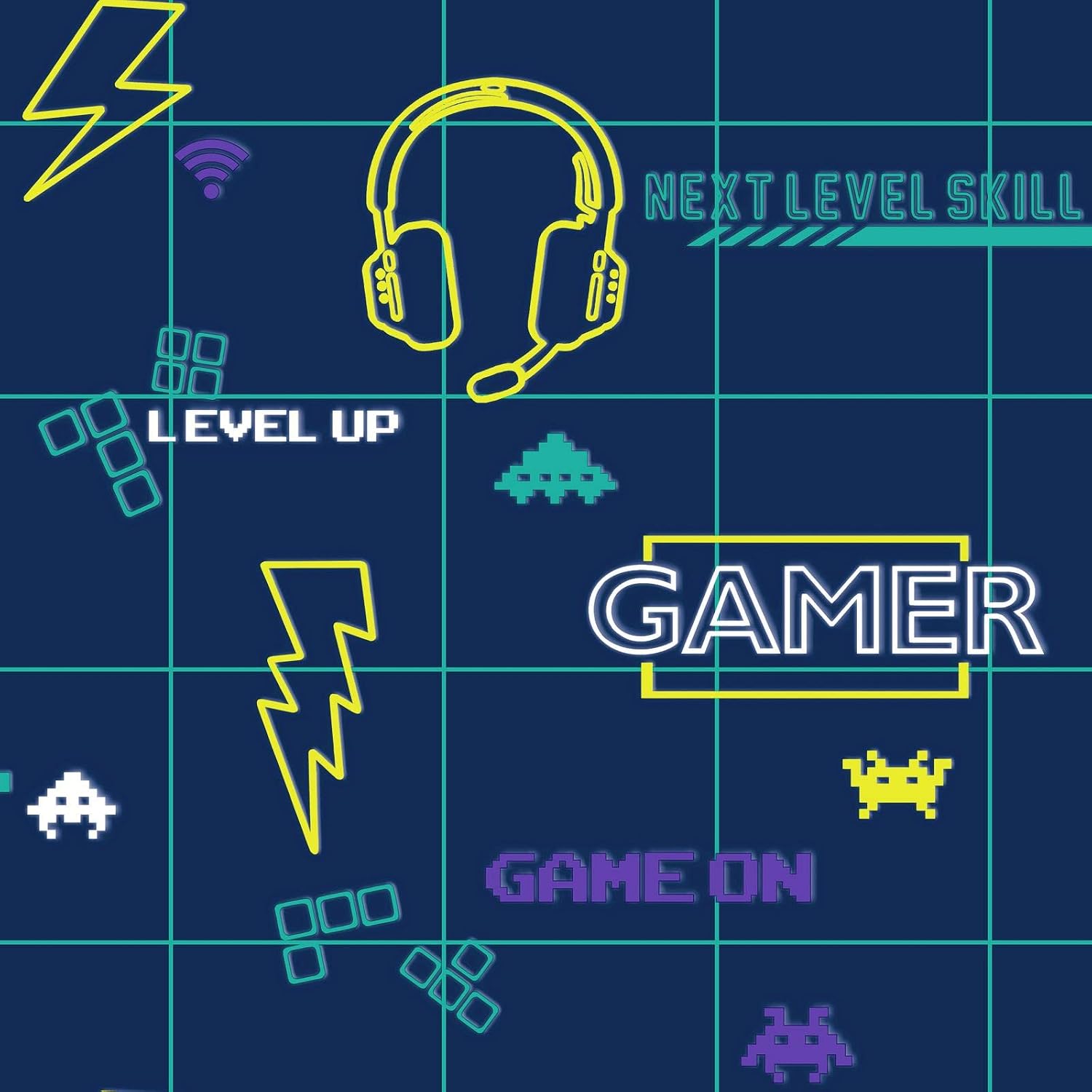 Gamer Retro Gaming Icons Phrases Vivid Vibrant Yellow Neon Colors Boys’ Bedroom Gaming Room Wallpaper Navy Blue/Neon Yellow Holden 13310