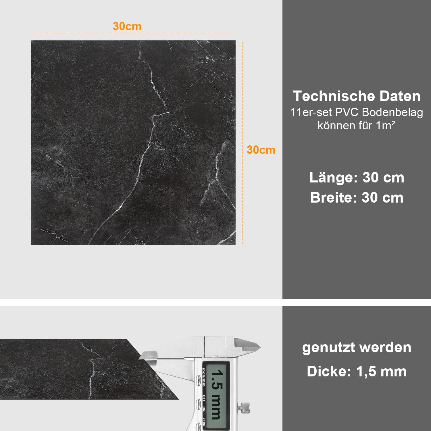 PVC Bodenbelag Selbstklebend, Vinylboden Klebefliesen 30×30 cm quadratisch, rutschfest & wasserabweisend, für Küche Bad Wohnzimmer (Schwarze Marmoroptik, 110 Fliesen, ca. 10 m²)