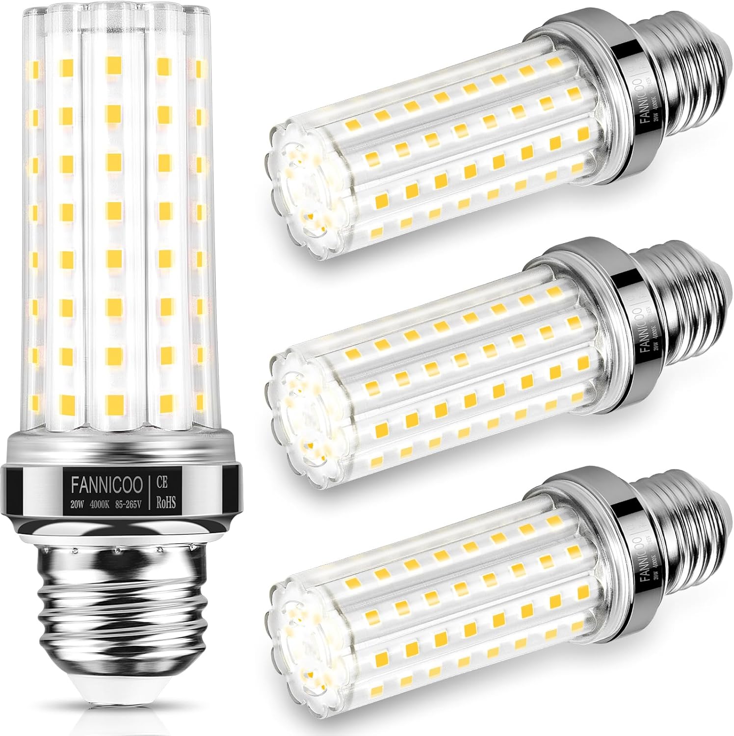 FanNicoo LED Corn Light Bulb 150W Equivalent 2500 Lumen 4000K Neutral White 20W E26/E27 Base Non-dimmable Ceiling Fan Corn Lighting for Home Garage Warehouse Indoor LED Corn Bulbs Pack of 4