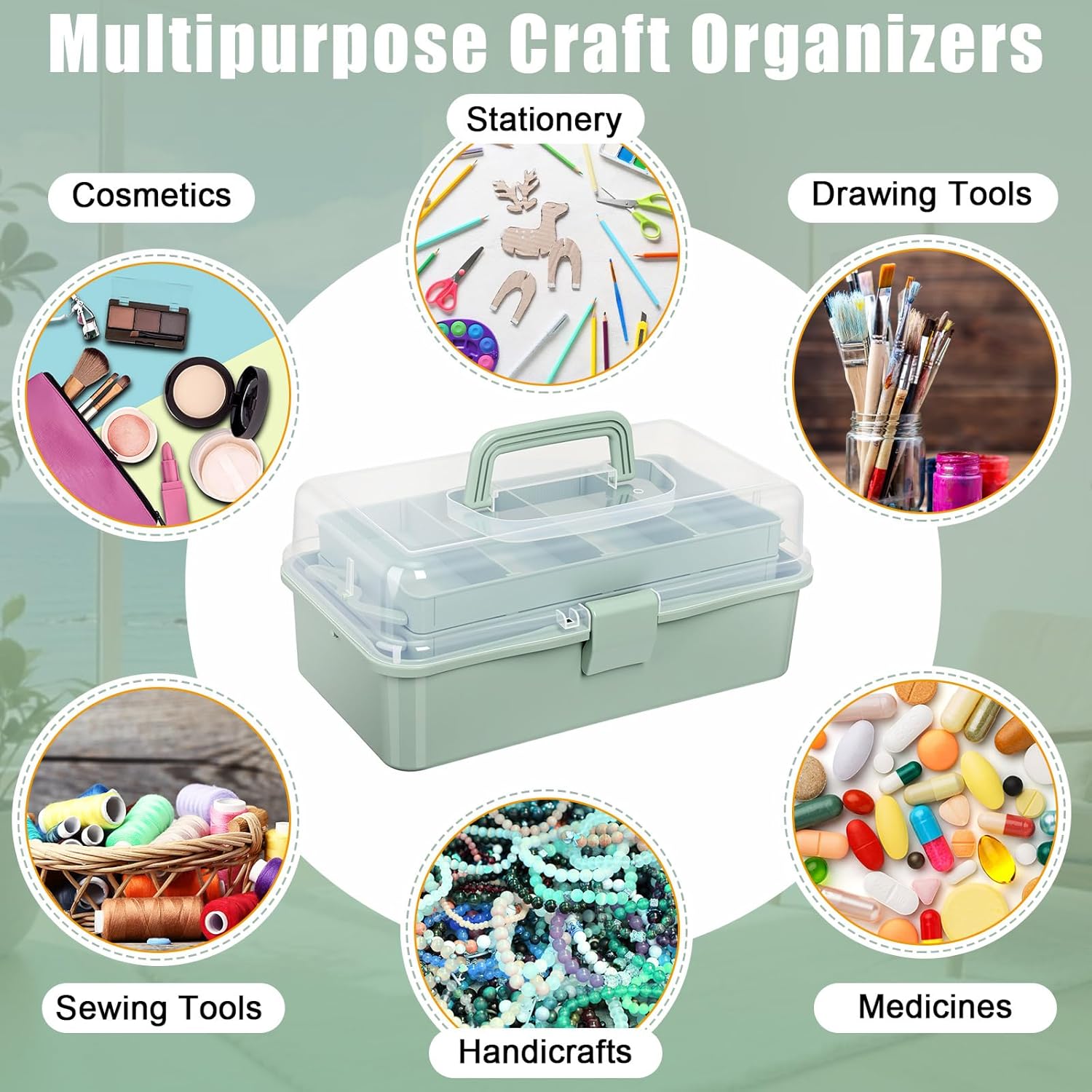 Teecyhooo 2 Pcs 13 Inch 3-layer Multipurpose Craft Organizers Storage Portable Plastic Tackle Box with Adjustable Spacers and Handled Folding Art Craft Case for Sewing Art Supply Medicine(Green)