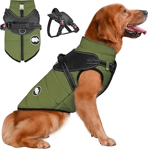Miniatura 8 de Abrigo impermeable para perro con arnés desmontable, abrigo impermeable cálido para perro para clima frío, chaqueta de invierno reflectante para