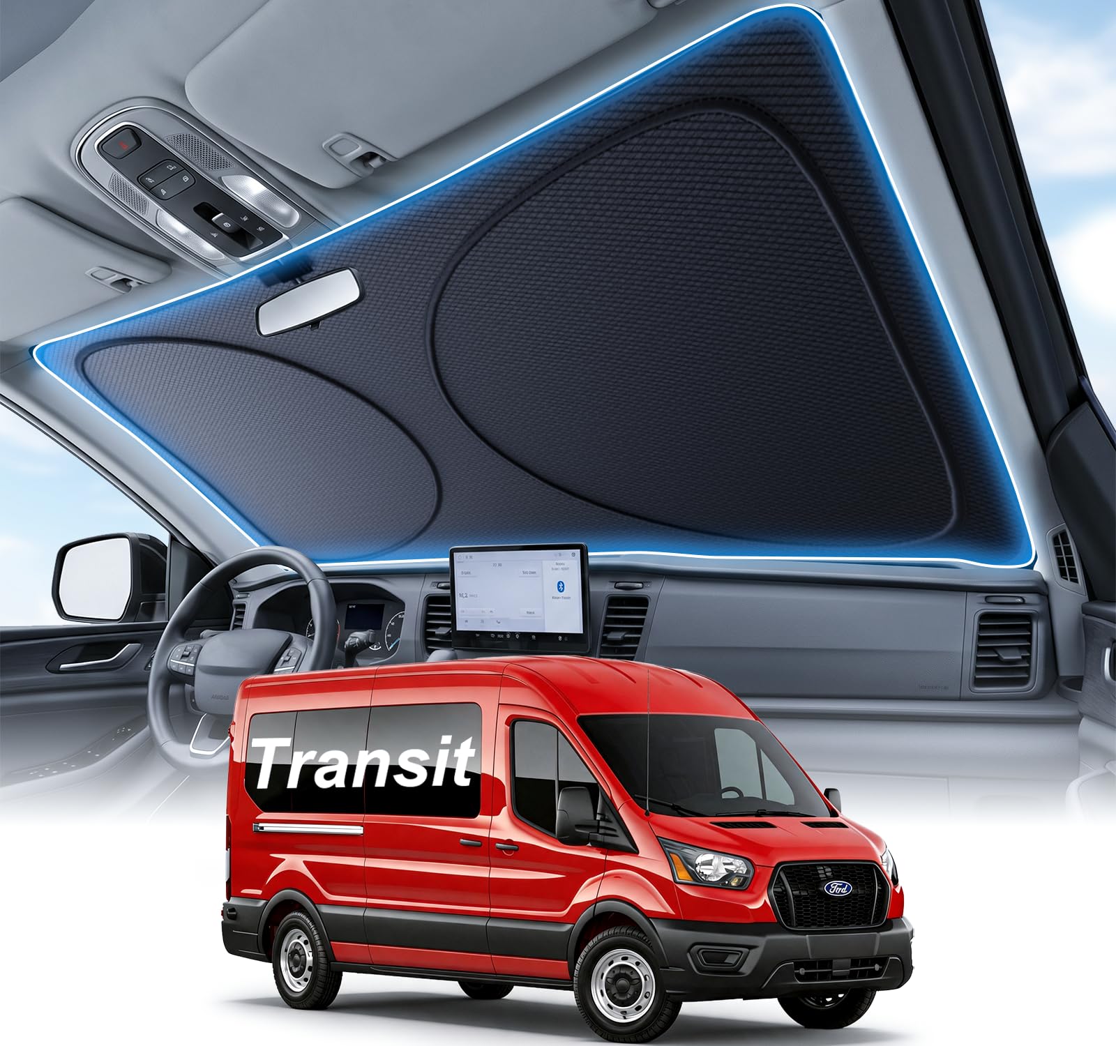 Adefor 2026 Upgraded Windshield Sun Shade for Ford Transit [Precision Custom Fit, Superior UV & Heat Block] Cooling Tech Fabric, Durable Foldable with Storage Bag, Fits 2015-2025