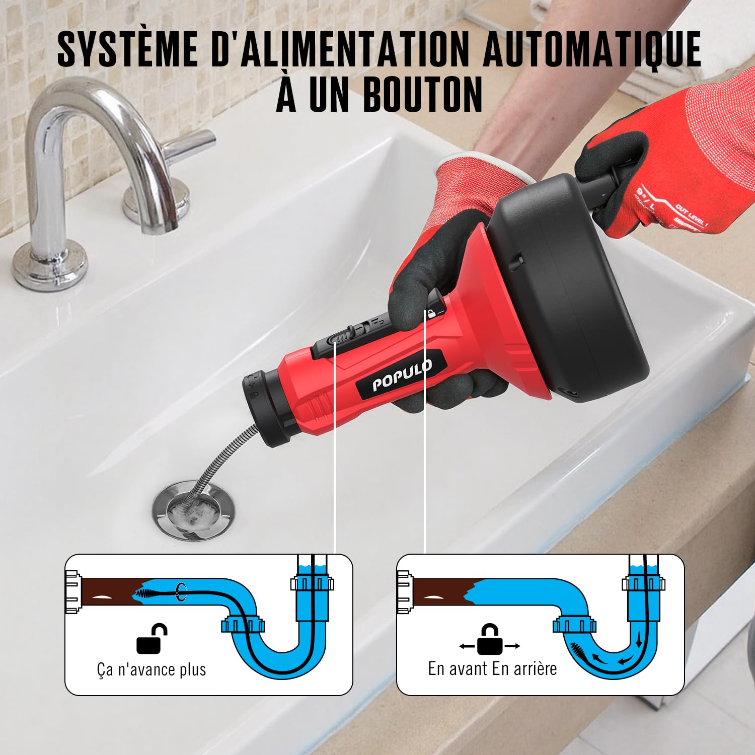 POPULO Furet Déboucheur Canalisation 5 m, Avance Automatique, Tube WC