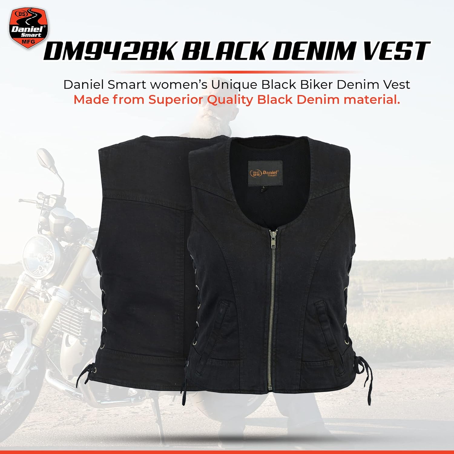 Daniel Smart Women's Black Denim Motorcycle Vest, V-Neck with Side Laces, Heavy-Duty Metal Snaps & Dual Internal Pockets - Image 4