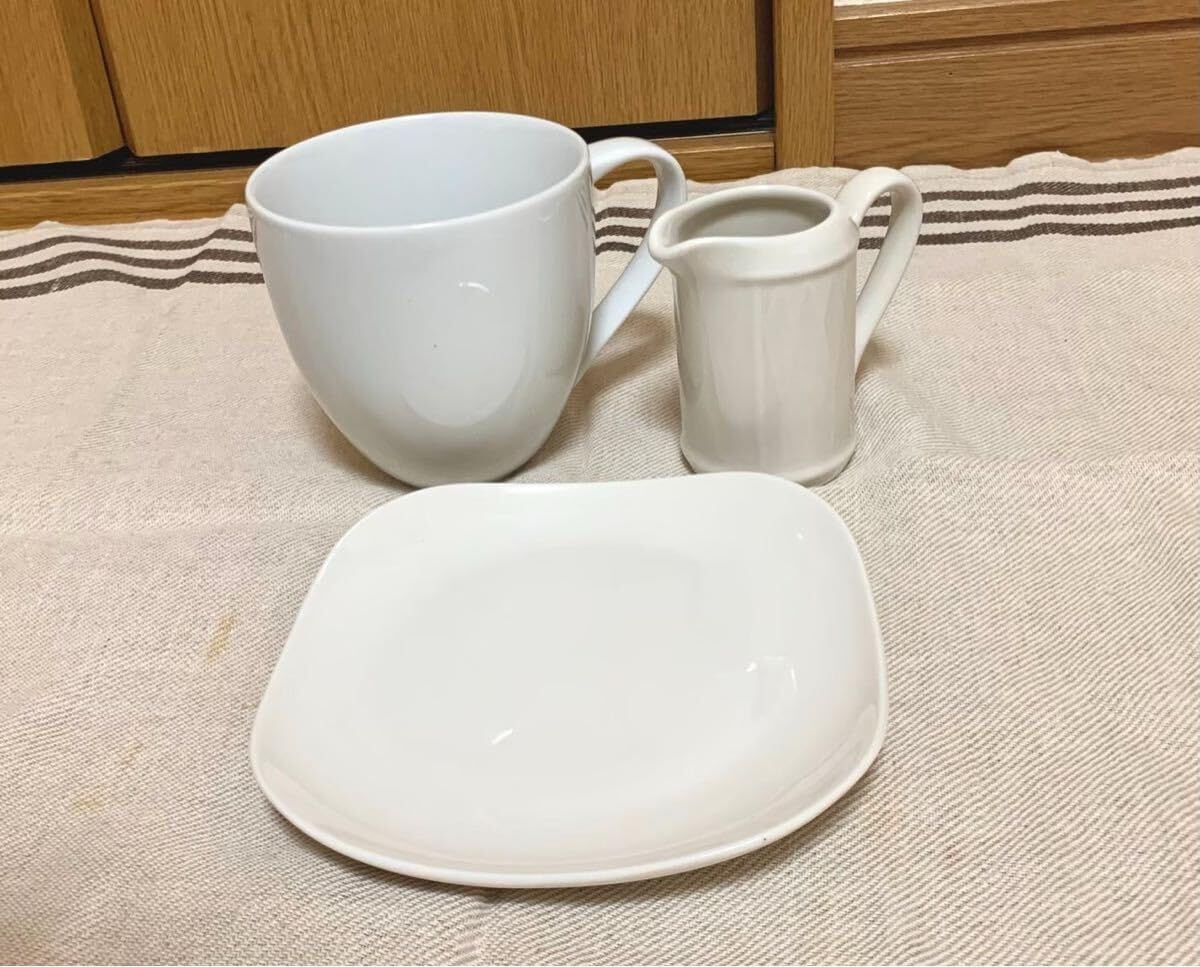 白磁 カフェオレカップ ソーサー（角丸皿）ミルクピッチャー3点セット