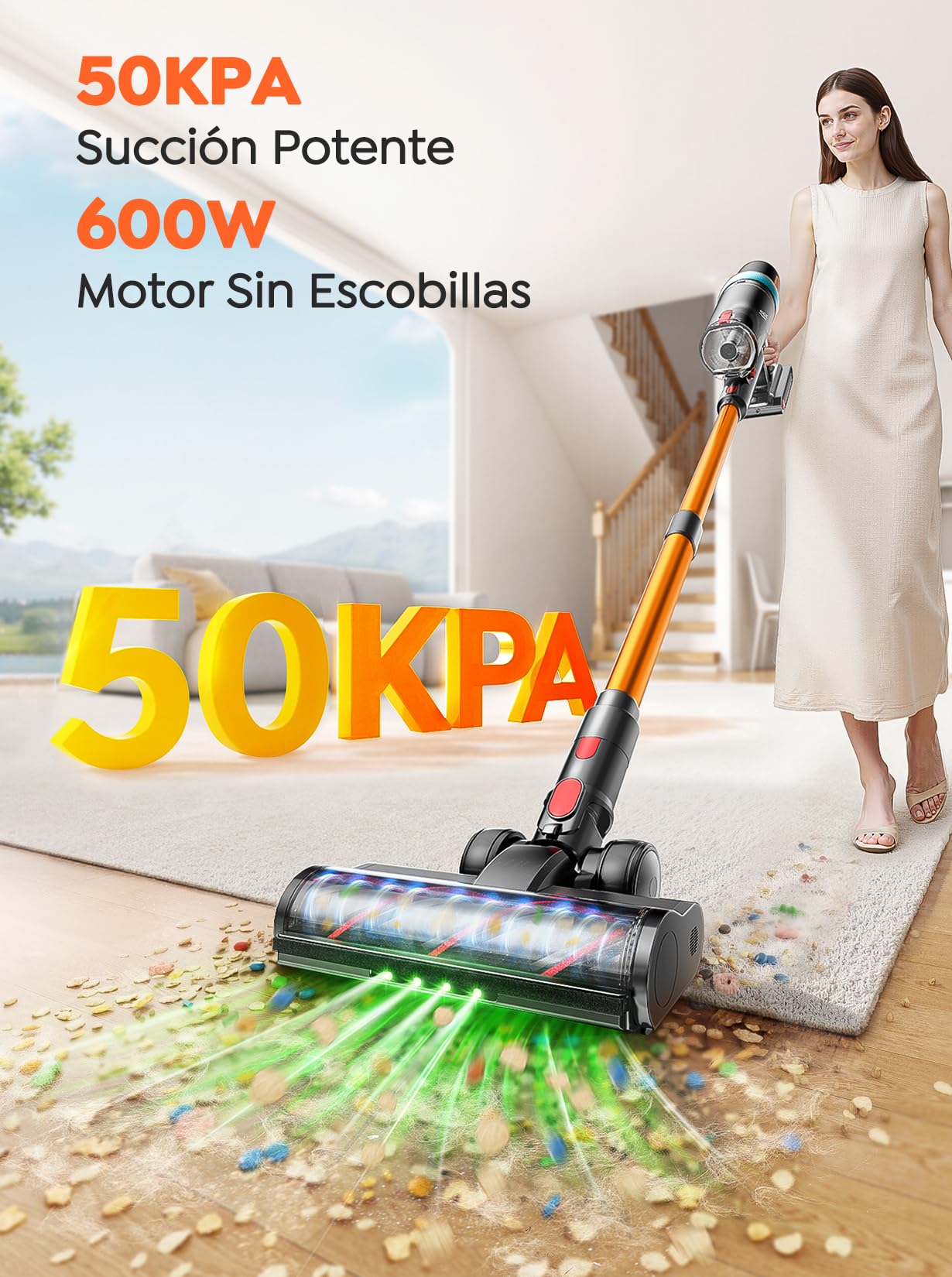 50KPA/600W Aspiradora sin Cable, 65Min(ECO) Aspiradora Vertical Escoba Potente, Incluye Manguera de 1M y Anti-Enredo Cepillo, Modo Automático, Función Aromática, para Mascotas/Suelos/Alfombras/Coche