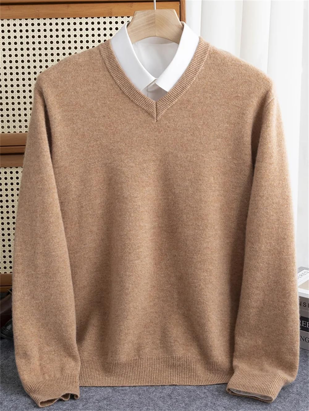 Adhdyuud Maglione invernale da uomo in lana merino con scollo a V a maniche lunghe in cashmere spesso