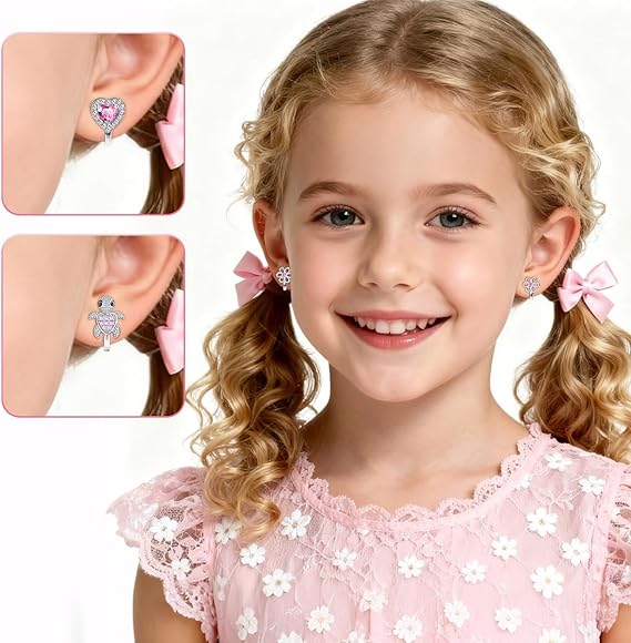 Hypoallergeen kinderoorbellen: Roze hart met roze strikjes (brisure sl – Hippe Girls