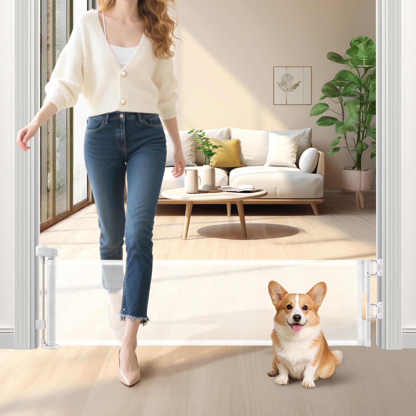 Short Dog Gate,14" Tall Retractable Baby Gate to Step Over, Puppy Mesh Pet Gates Doggy for Doorways Stairs, Extends up to 59" Wide for Kitchen