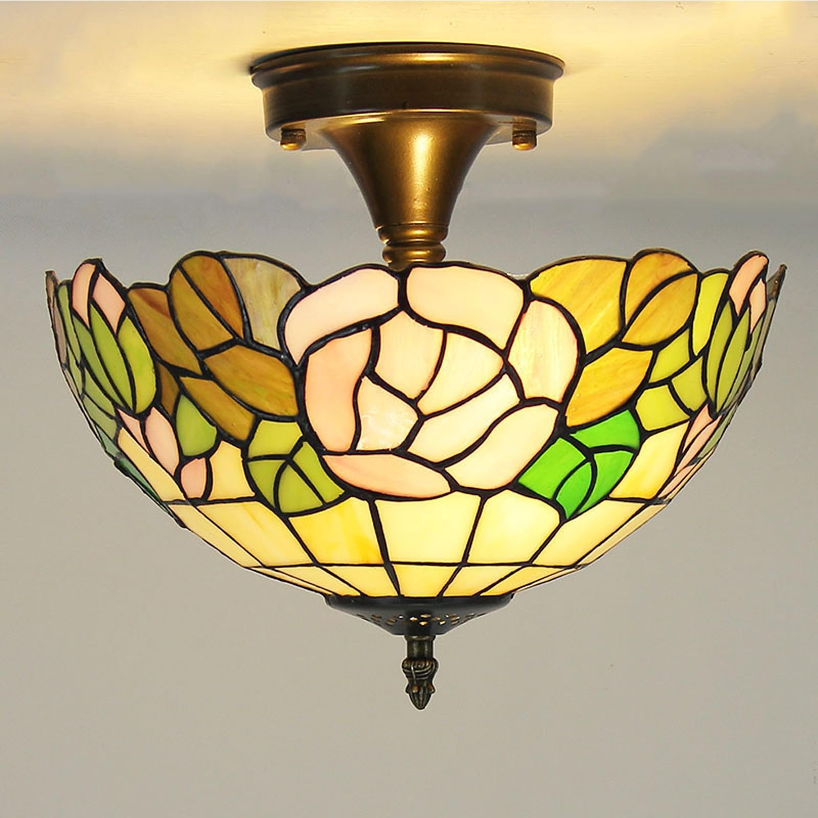 WDBZTJ Tiffany Style Ceiling Light Flush Mount, 12 inch Stained Glass Ceiling Lamp, E27 Bulb, Vintage LED Chandeliers for Living Room Bedroom(B2)