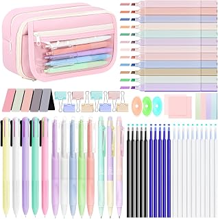 62 artículos de papelería estéticos con estuche, 12 resaltadores pastel, 5 bolígrafos de gel de tinta negra, 6 bolígrafos de tinta de color, juego de 6 lápices mecánicos, juego de papelería
