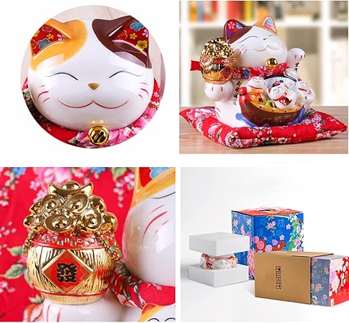 Miniatura 4 de Gato afortunado de cerámica blanca Maneki Neko de 7 pulgadas, porcelana decorada ornamentada para apertura de negocios