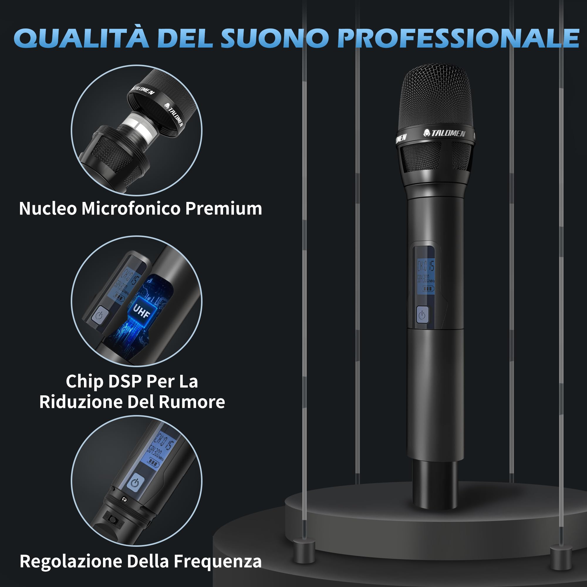 talomen Set Microfoni Wireless UHF, 2 Microfoni Dinamici a Mano in Metallo, Auto Scan, Portata 120 m, Ricevitore a Doppio Canale, Ideale per Canto, Karaoke, Feste, DJ, Chiesa – K120 Nero