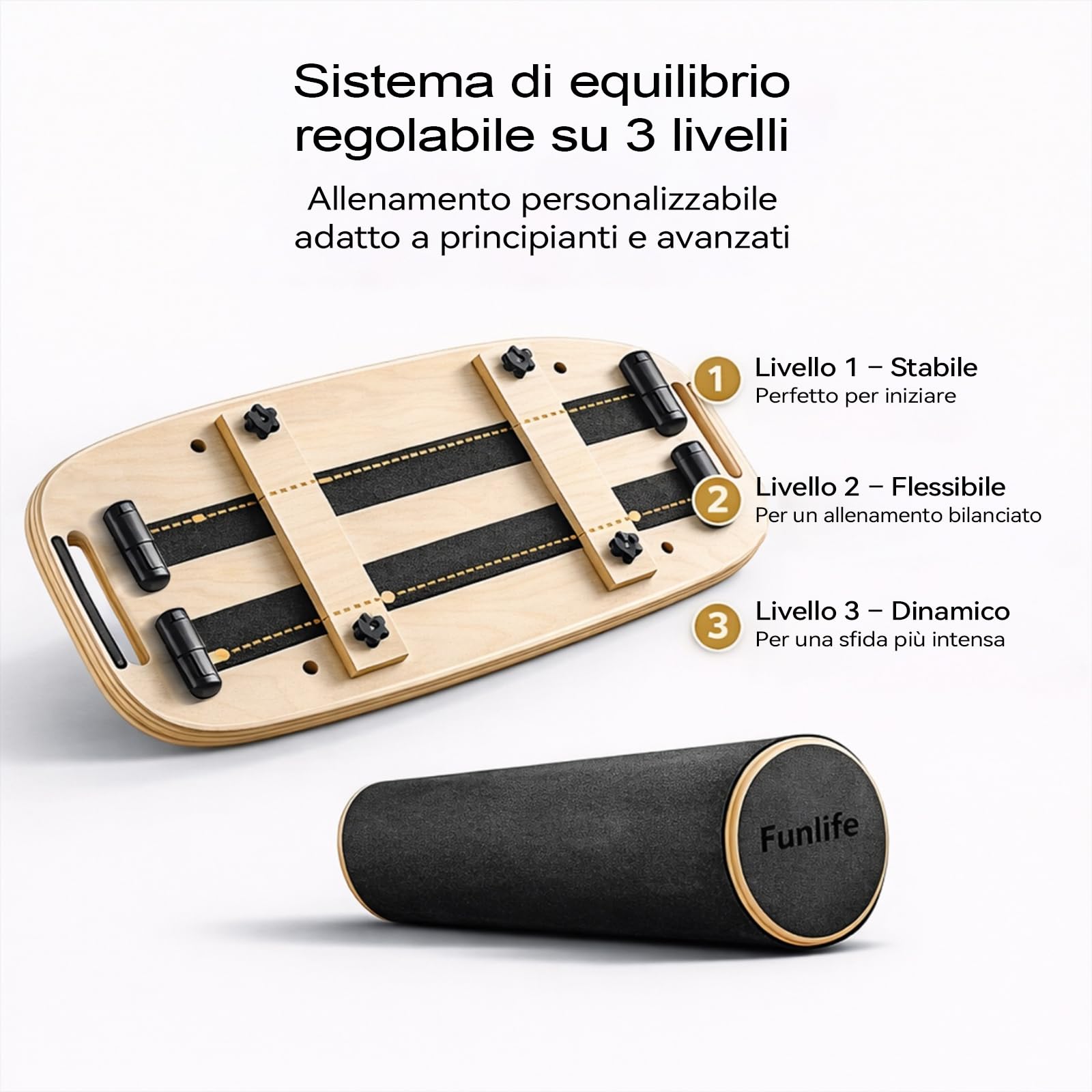 FunLife Balance Board con impugnatura MOVE e 3 fasce fitness – Set Move | Allenatore di equilibrio professionale per Core Training, fitness e stabilità, portata fino a 150 kg