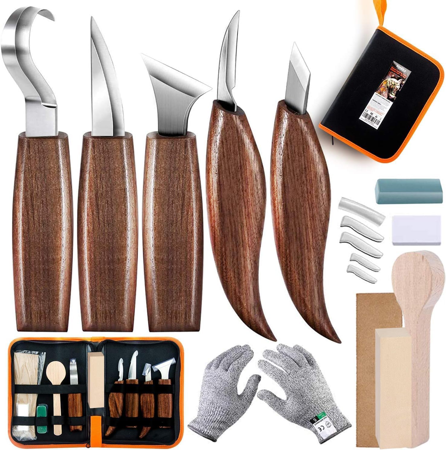 Whittling Knife Set - 5 in 1 Wood Carving Tools: Sloyd, Chip, Hook, Oblique, Trimming Knives & Sharpener for Spoon Bowl Cup Kuksa - Kids & Beginners