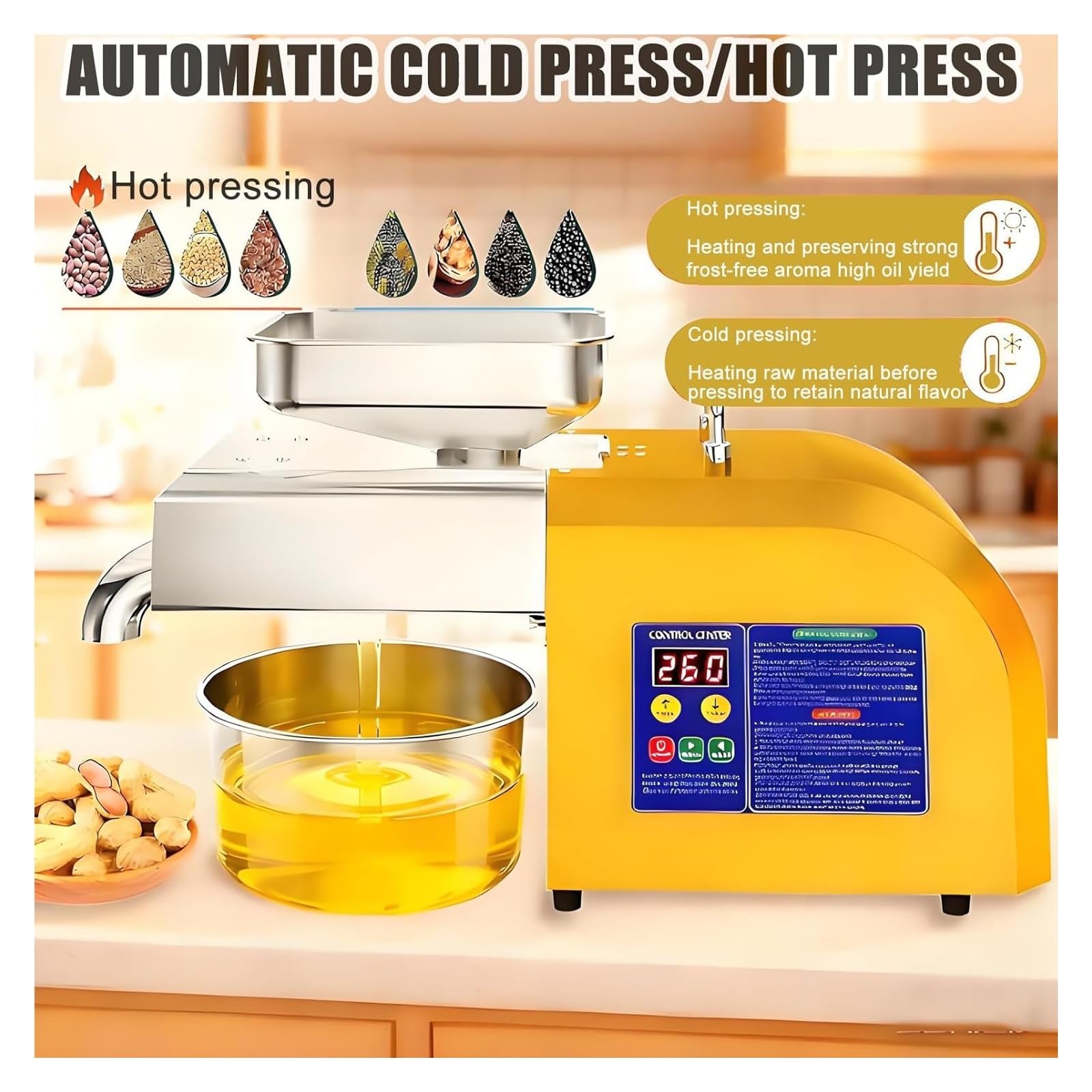 Prensa De Aceite Automática - Expulsor De Aceite Eléctrico De 1100 W En Frío Y Caliente, Alta Temperatura De 300 °C Y Alto Rendimiento para Frutos Secos Y Semillas TypeA