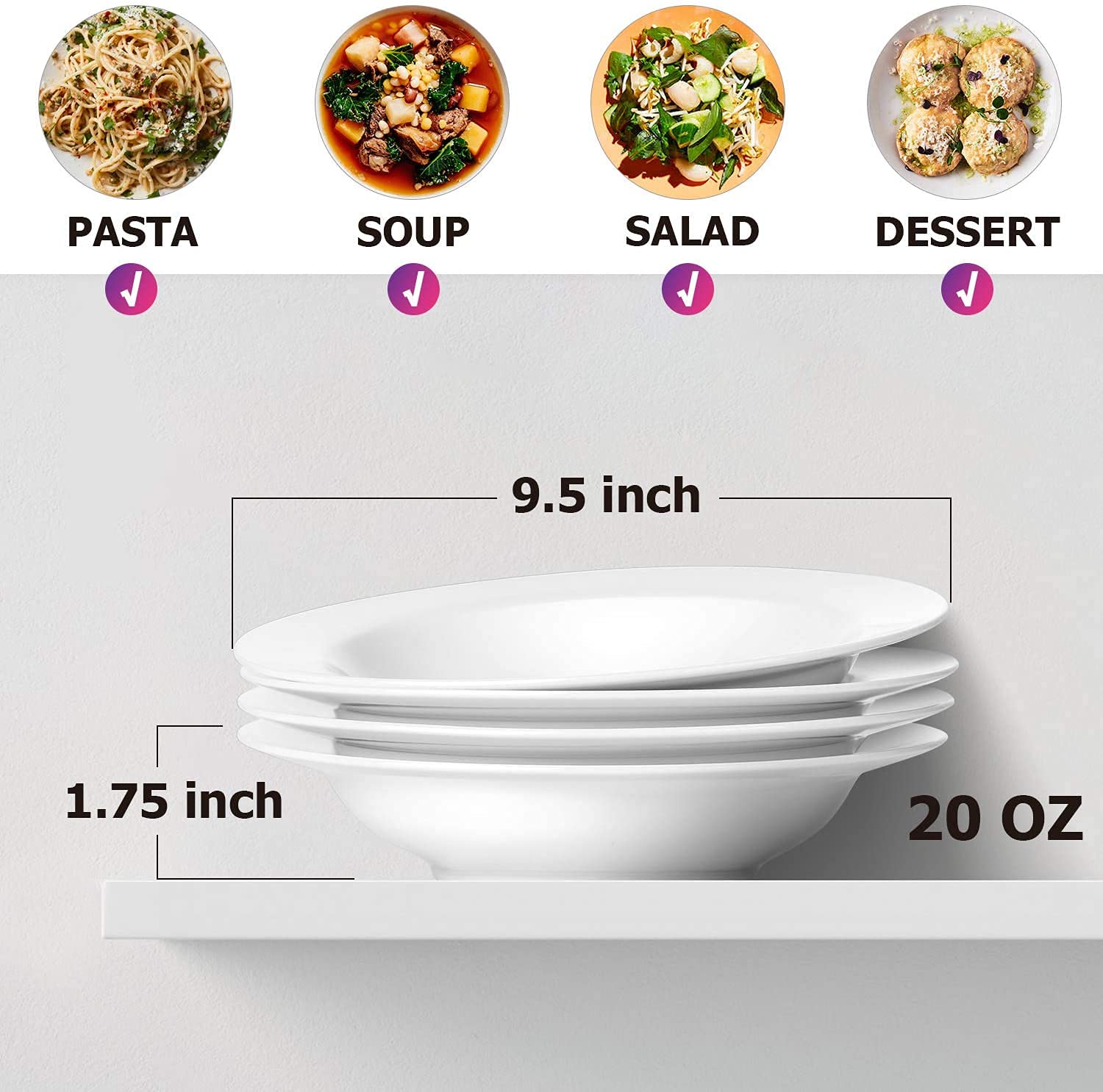 Set Di 4 Ciotole Grandi In Porcellana Per Pasta E Insalata, 24,6 Cm Di Diametro, Capacità 1480 Ml, Adatte A Microonde, Forno E Lavastoviglie, Bianche