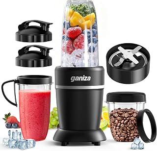 Ganiza 1300W Smoothie Blender, 14-Piece Portable Personal Blender with 6 Blades, 37oz & 23oz Cups for Ice Crushing, Shakes, Grinding - Home & On-the-Go
