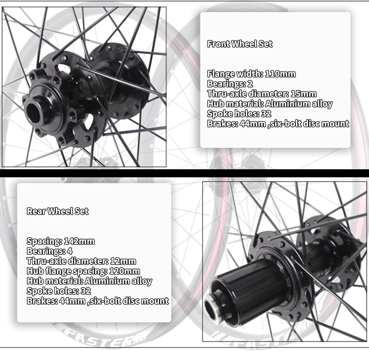 24/26/27.5/29" MTB Bike Front Rear Wheel Thru Axle Wheelset 110 * 15mm/142 * 12mm Aluminum Alloy Double-Layer Rim 32H Disc Brake Hub for 8-12 Speed Cassette