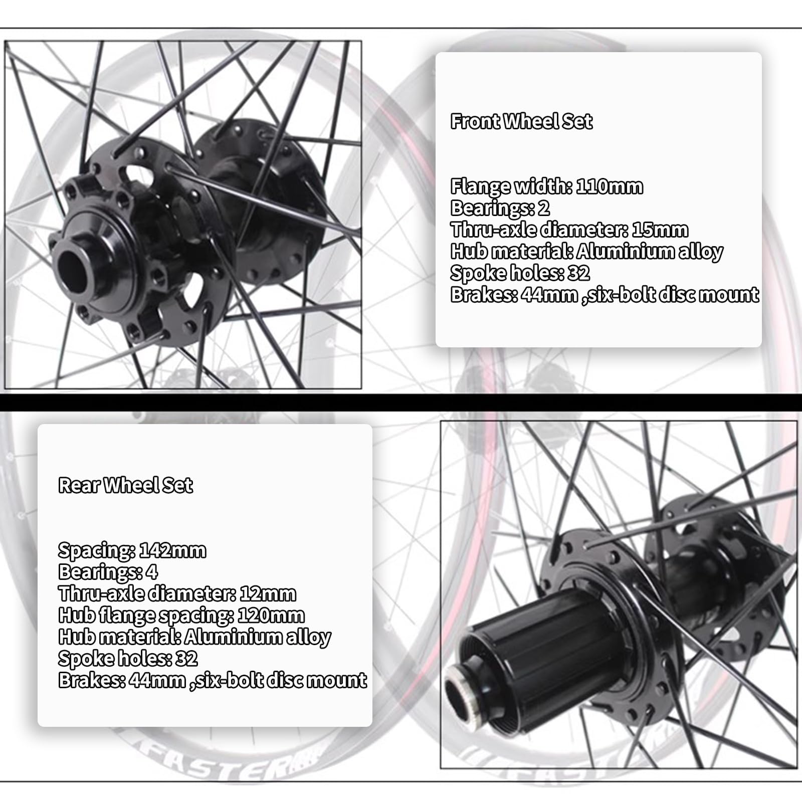24/26/27,5/29" MTB zestaw kół jezdnych z osią wtykową (110 x 15 mm / 142 x 12 mm), aluminiowa dwuwarstwowa felga, 32 otwory, piasta hamulca tarczowego do kaset od 8 do 12 rzędów