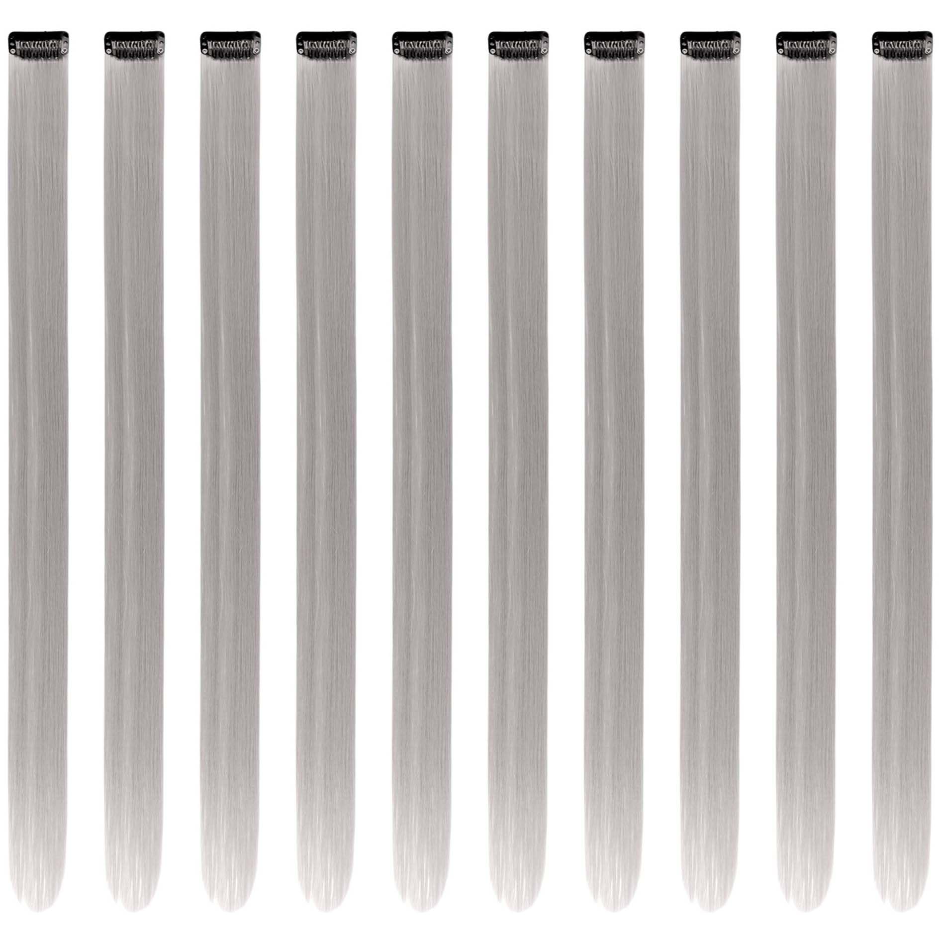 Grey Hair Extensions Clip in for Kids Girls Women, 10 Pieces 22 Inch Long Straight Colored Heat Resistant Synthetic Highlight Party Clip ins