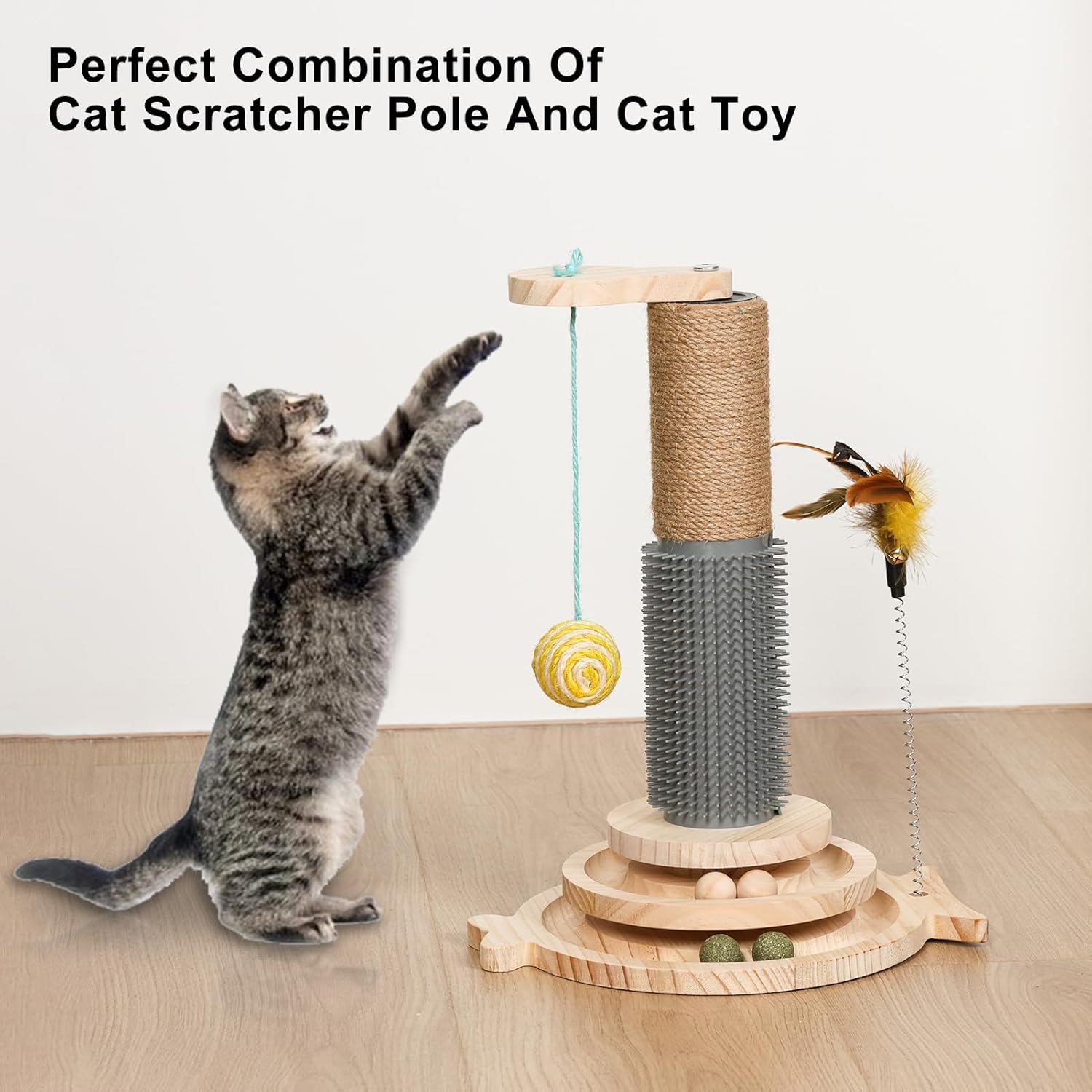 review Cat Scratching Post, 4 in 1 Wooden Cat Ball Track Toy, Catnip Teaser Stick Interactive Pet Cat Feather Toy and 1 Sisal Hanging Balls for Indoor Kittens (L)