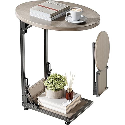 Elbourn Folding Side Table End Couch Tables,Metal Frame C-Shaped TV Stand for Sofa Living Bedroom Bedside Coffee Small Spaces (Gray)