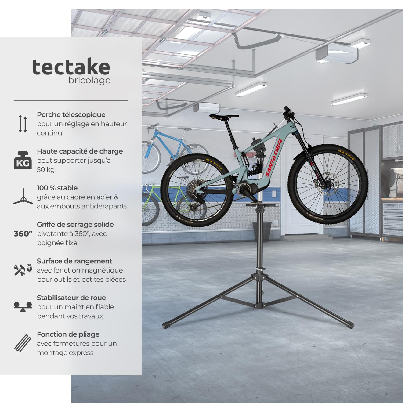tectake® Support Velo Pieds d'atelier Charge 50 kg Support Vélo, Montage Entretien Reparation VTT Vélo electrique Velo de course Réglable Pliable - 138x120x117-180 cm