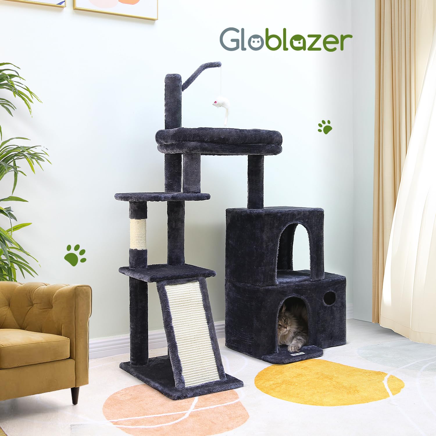 Globlazer Stabilny drapak z 2 dużymi podstawami, 2 domek dla kotów, obracany o 90°, wyściełana platforma, sizalowa deska do drapania, zabawka dla kotów, dużych kotów i seniorów (F50, ciemnoszary)