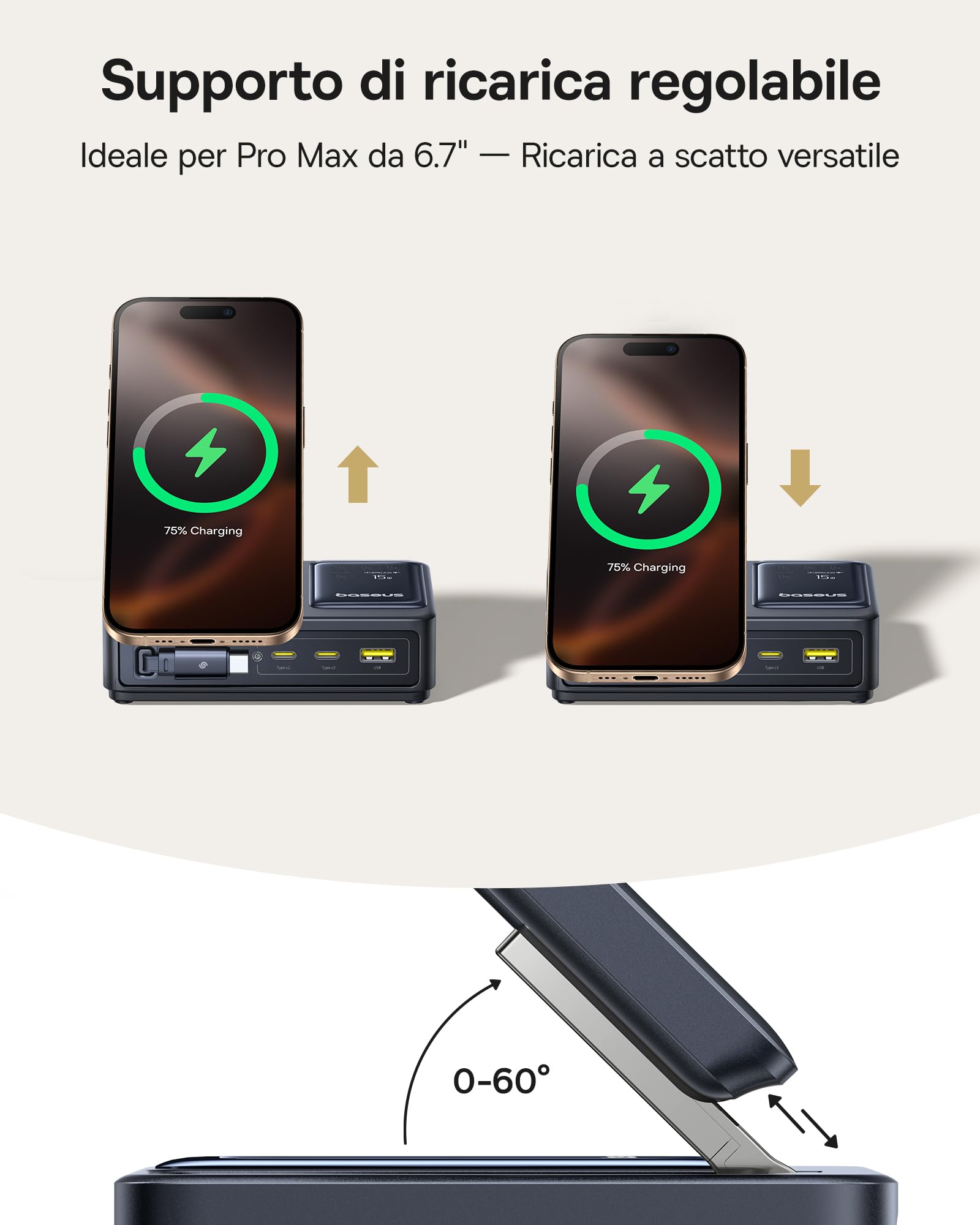 Baseus NOMOS 5 in 1 Stazione di Ricarica, 140W Caricatore con MagSafe Qi2.0(15W), Cavo Retrattile Tipo C, 2 USB-C, 1 USB-A, Display Digitale, per iPhone/MacBook/Samsung