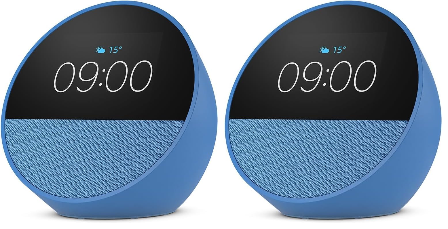 Amazon Echo Spot (última generación) | Despertador inteligente con sonido de calidad| Azul, con Acceso Anticipado a Alexa+ (Paquete de 2)
