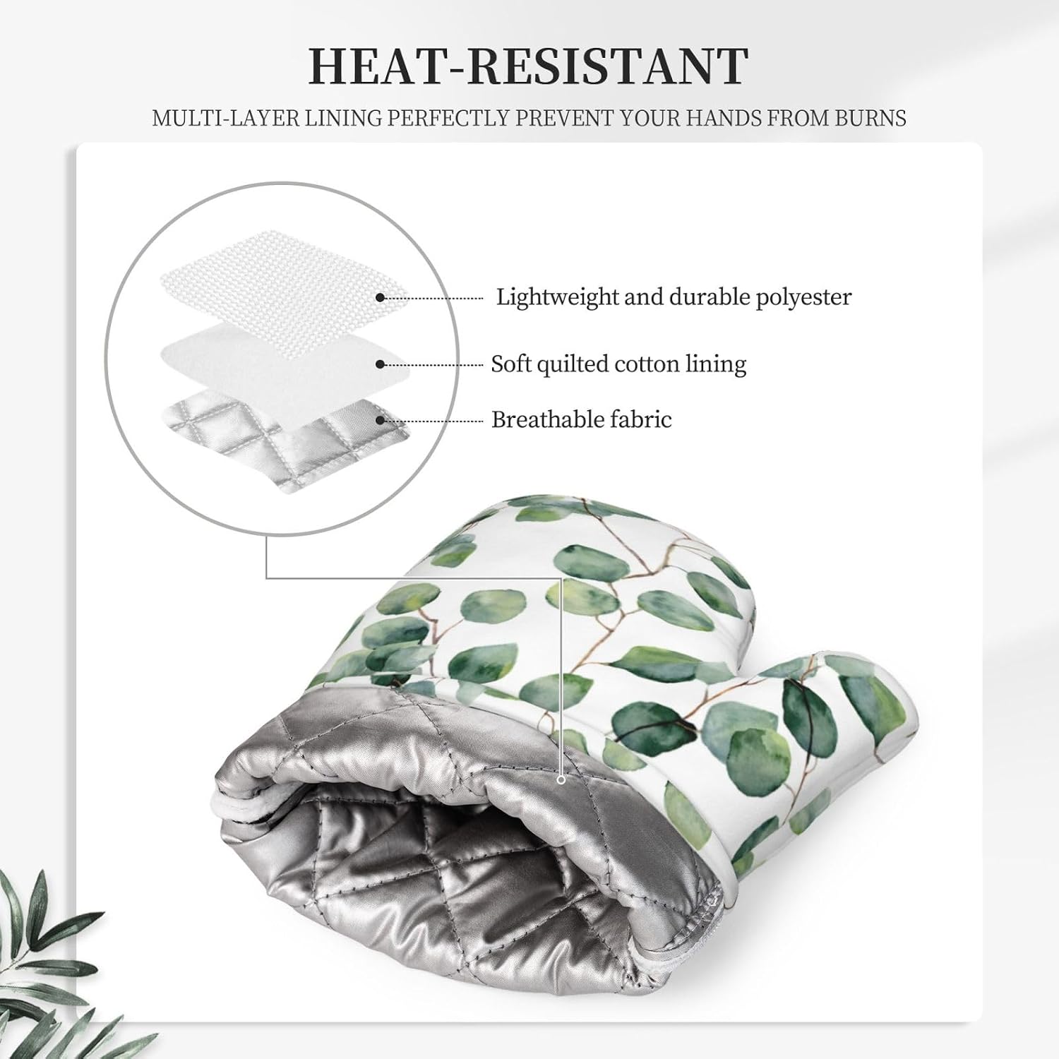 Eucalyptus Oven Mitts Pot Holders Set Green Leaves Plant Silicone Kitchen Oven Mitts Heat Resistant Sage Green Eucalyptus Potholders Non-Slip 4pcs Hot Pads and Oven Gloves Sets for Cooking