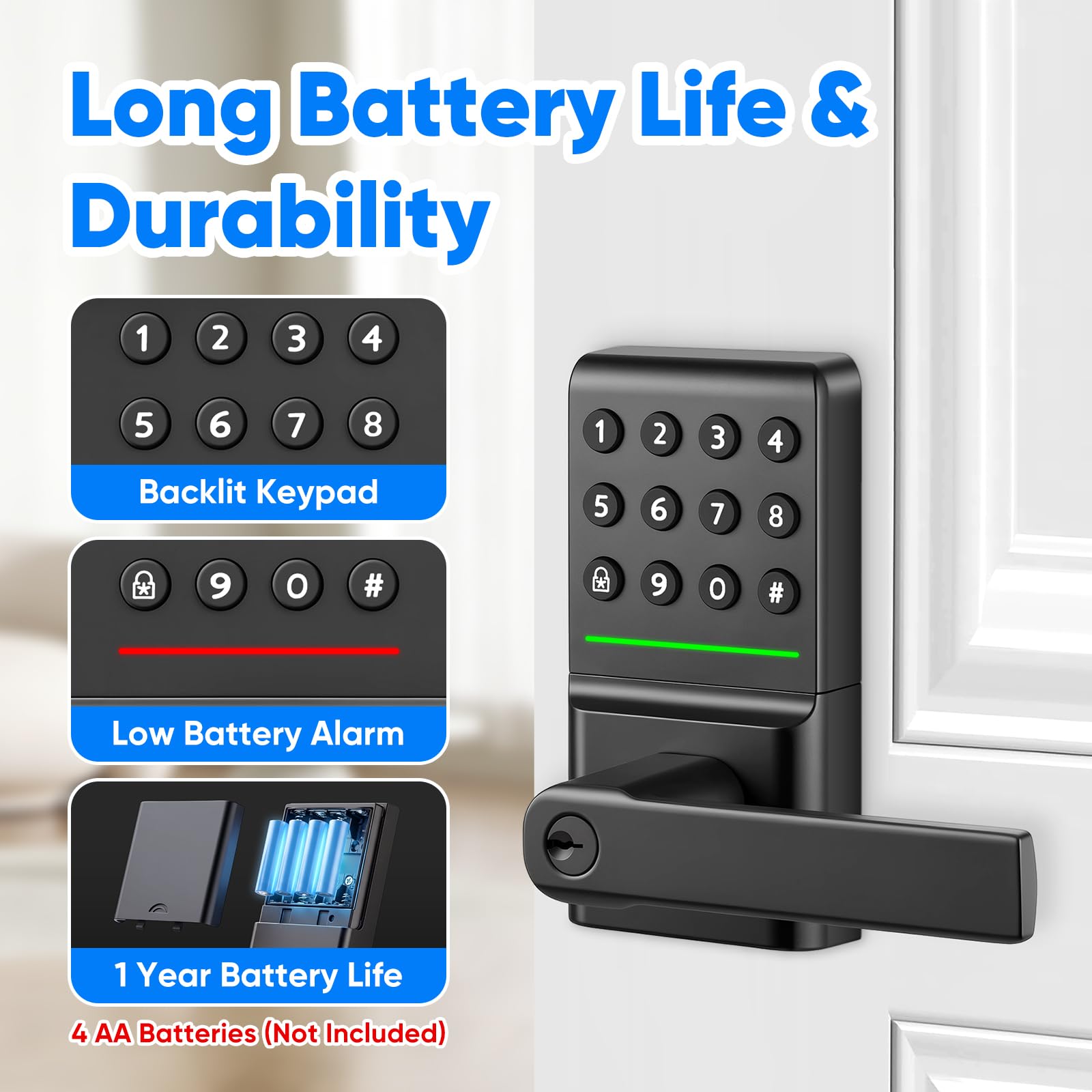 MYPIN Smartes Türschloss mit Griff, Schlüssellos, Elektronischer Riegel, Tastatur, Automatische Verriegelung, Einmalcode, USB-C-Notstrom, Aluminium, keine App erforderlich, einfache Selbstmontage