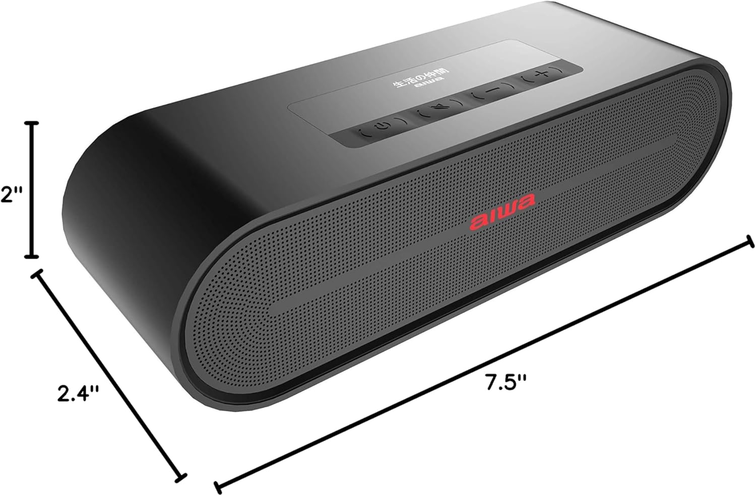 Diagram showing the dimensions of the Aiwa X-100 speaker: 7.5 inches wide, 2.4 inches deep, and 2 inches high.