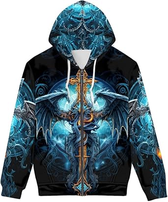 ENLACHIC Unisex 3D Novelty Zip up Hoodie Cool Dragon Cross Print Graphic Hoodies Pullover Hooded Sweatshirts,2XL