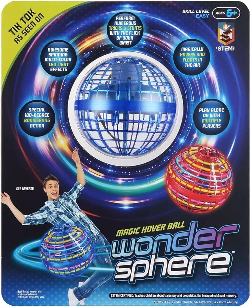 Wonder Sphere Spinner Ball with LED Lights - Red, Ages 6+, Includes USB Charger
