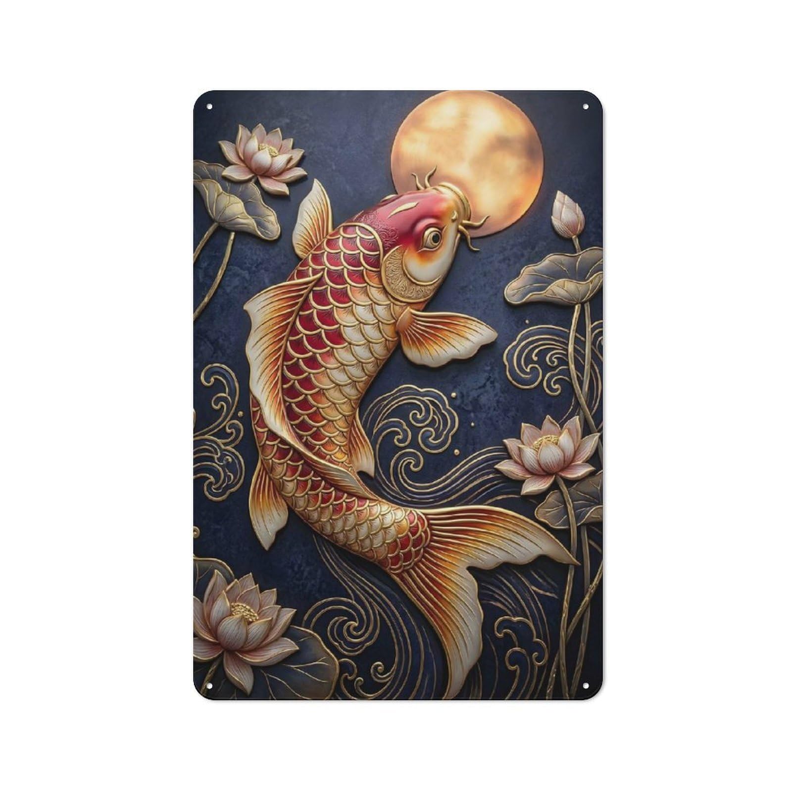 Junmoney Style-5 Tin Wall Plaque 30X20cm With Koi Fish And Lotus Flowers For Studio Or Craft Room, Suited To Studio Decor Lovers